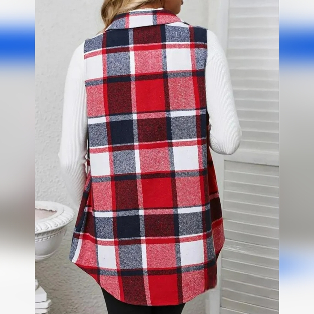 PRECIOUS Plaid Sleeveless Shirt/Vest/Shacket In Red/Blue/White, Sz M Or L - Picture 9 of 11